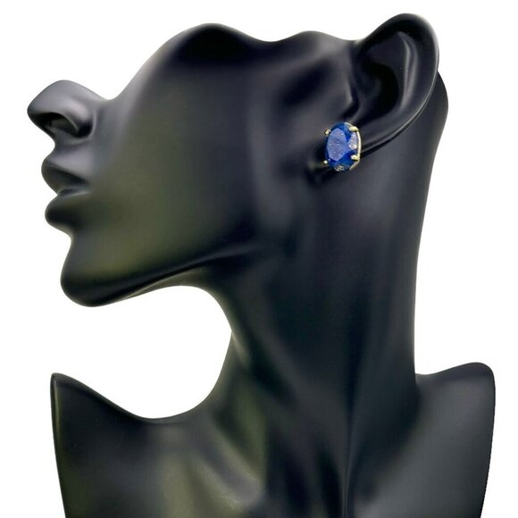 NWT Oval Stud Earrings Natural Lapis Lazuli 18K Gold Plated Setting - Picture 10 of 12